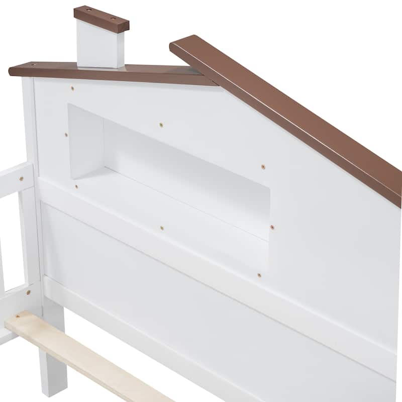 Twin Size Platform Bed with LED-Lit House Headboard, Built-in Storage Nook and Guardrails