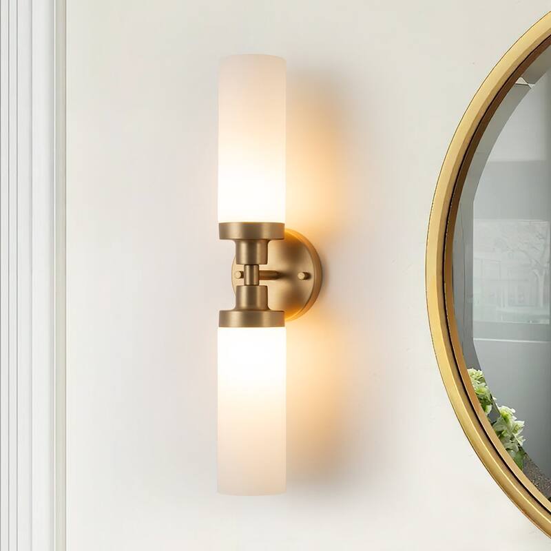 Modern 2-Light Cylinder Milk Glass Vanity Light - Brushed Gold