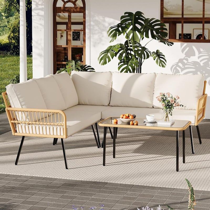 4-Pieces Outdoor Patio Furniture Set, L-Shaped Sectional Sofa