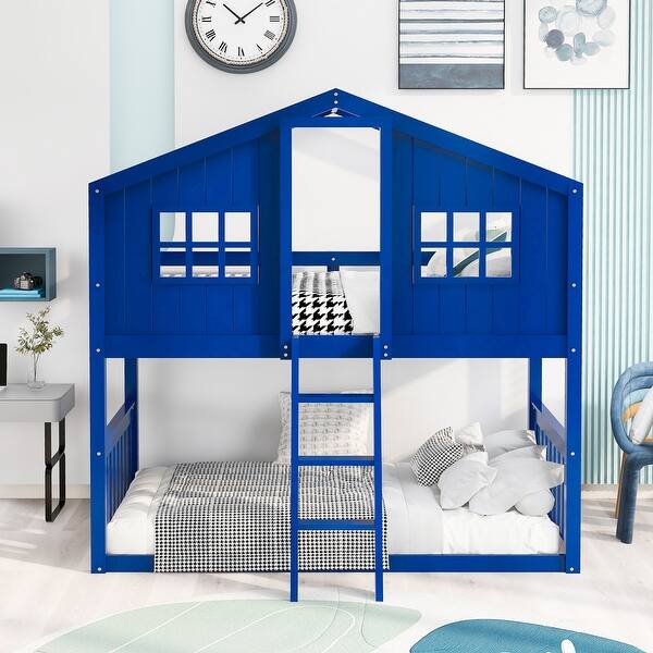 slide 2 of 52, Twin Over Twin Wood Floor House Bunk Bed with Roof, Ladder and Windows Blue - Twin