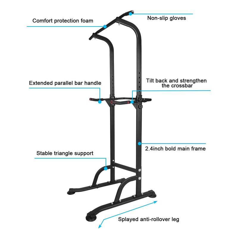 Roomfitters Power Tower Dip Station, Adjustable Height, Heavy Duty Multi-Function Fitness Training Equipment, Black