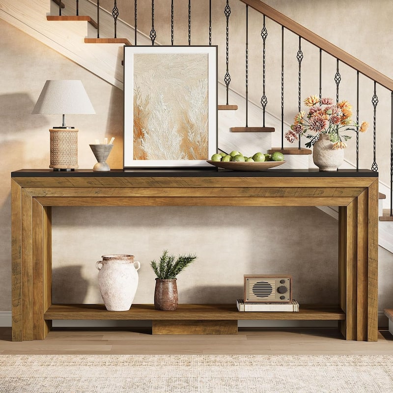 70.9 Inch Extra Long Console Table, Farmhouse Narrow Wooden Sofa Table with Storage Shelf - 11.61" W x 70.9" L x 32.68" H