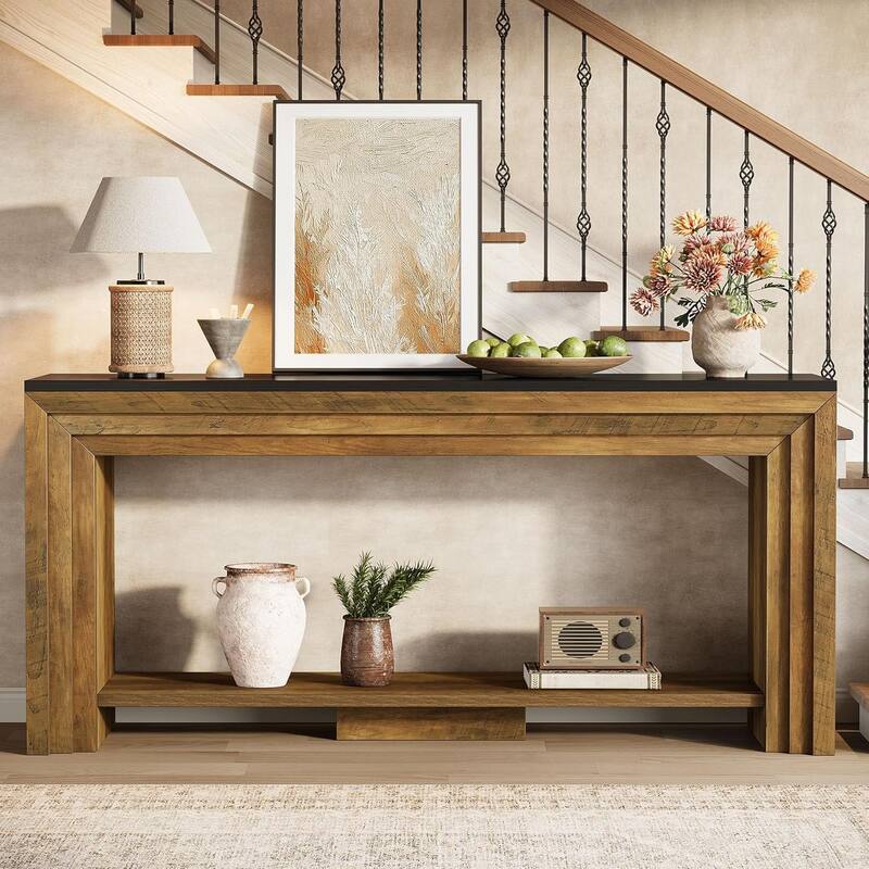 70.9-Inch Farmhouse Console Table, 2-Tier Narrow Wooden Sofa Table with Storage for Living Room, Entryway, Hallway, Foye