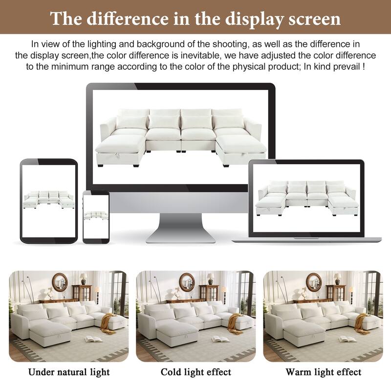 U-shaped Transformable Modular Corner Sofa with 2 Ottomans, Beige Linen Blend, for Living Areas