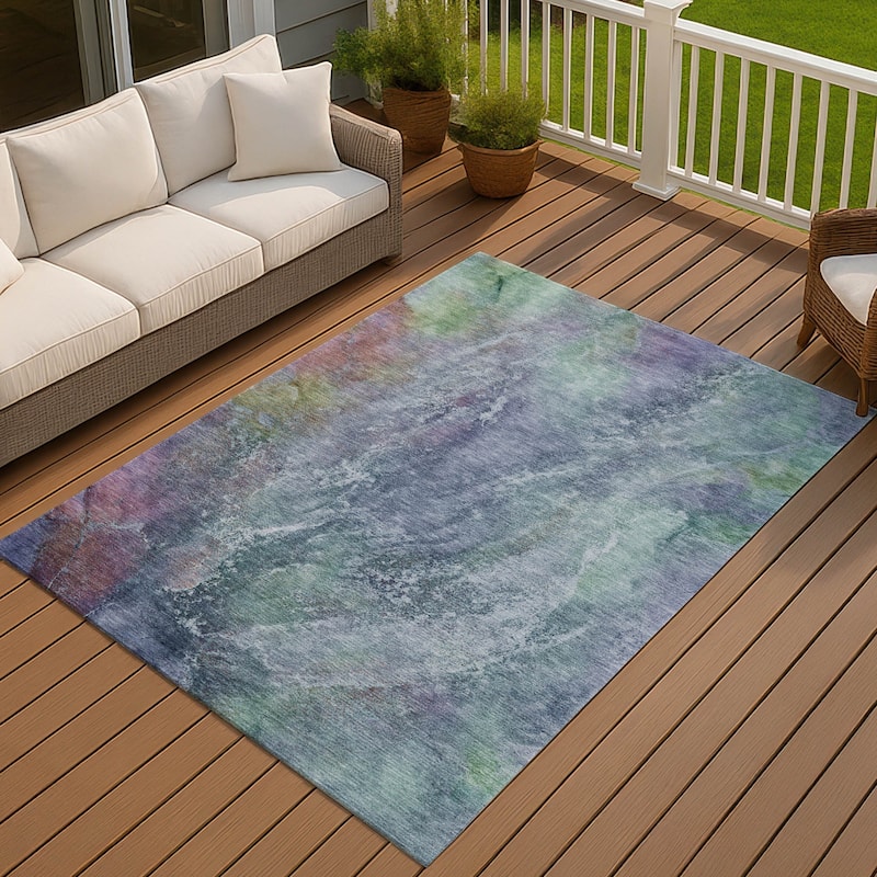 Machine Washable Indoor/ Outdoor Abstract Watercolor Chantille Rug - Blue - 5' x 7'6"