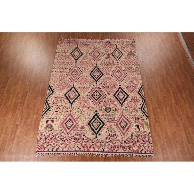 Beige & Pink Moroccan Oriental Area Rug Handmade Wool Carpet - 9'0" x 12'7"