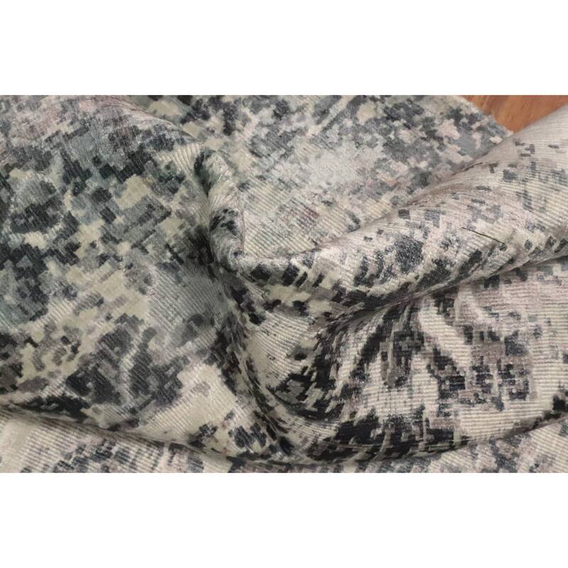 Hand Knotted Oriental Viscose Silk Carpet Modern All-Over Greys & Charcoal Abstract Area Rug - 8' 2'' X 5' 7''