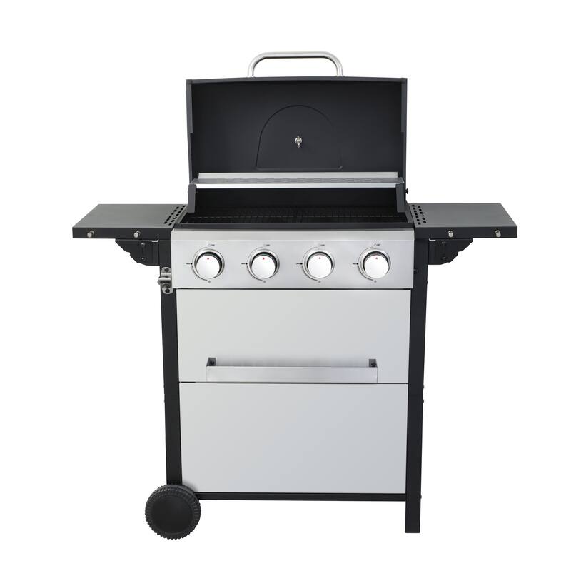 4-Burner Propane Stainless Steel Gas BBQ Grill with Wire Enamel Cooking Grids Side Table Hanging Basket, for Outdoor Barbecue