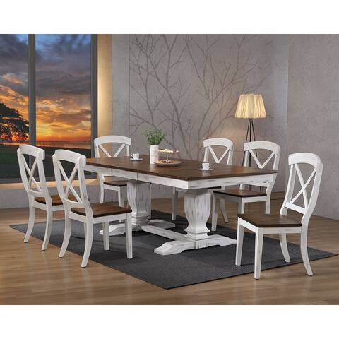 Iconic Furniture 42"x64"x82" Double Pedestal Transitional Distressed Cocoa Brown/ Cotton White X-Back 7-Piece Dining Set