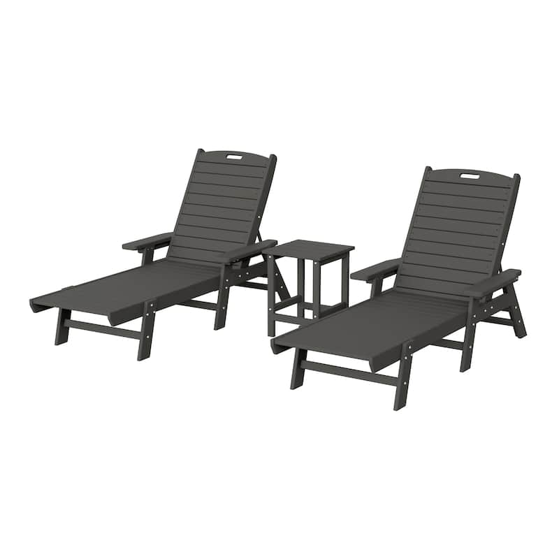 Laguna Hdpe All Weather Outdoor Patio Pool Reclining Chaise Lounges With Square Side Table (3-Piece Set) - Gray