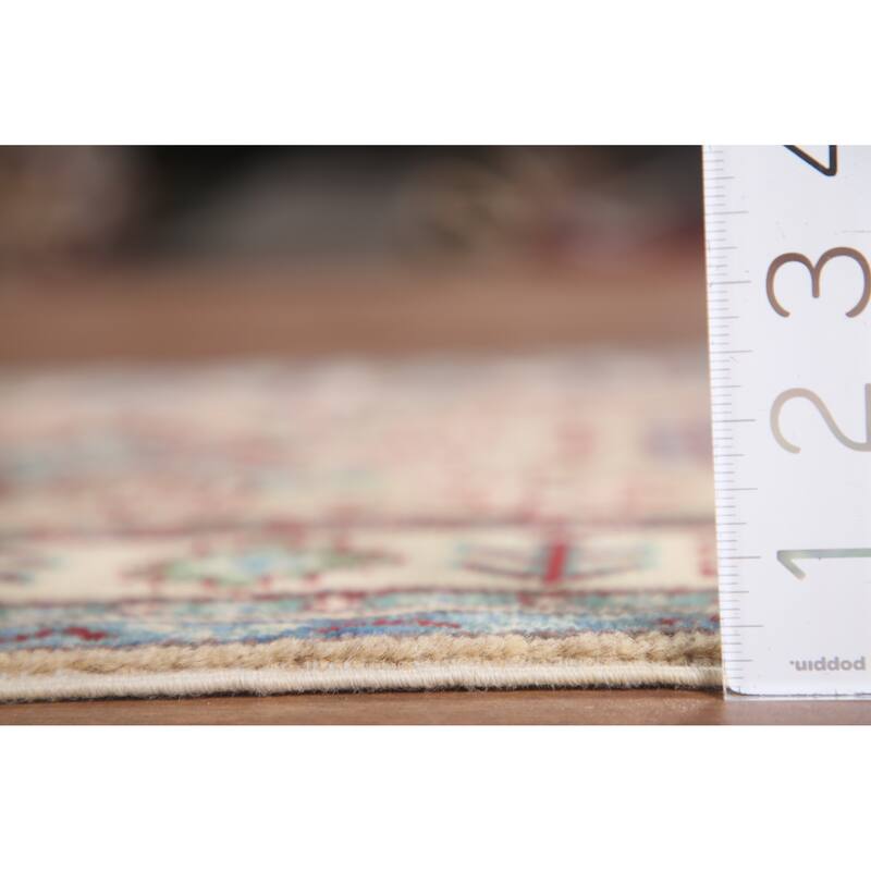Hand Knotted Oriental 100% Wool Carpet Traditional Geometric Beige & Ivories Kazak Runner Rug - 12' 9'' X 2' 9''