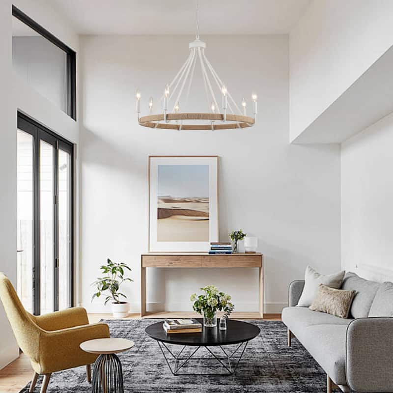 8-Light Hanging Candlestick Wagon Wheel Chandelier Hemp Rope Linear Chandelier Lighting for Kitchen Island