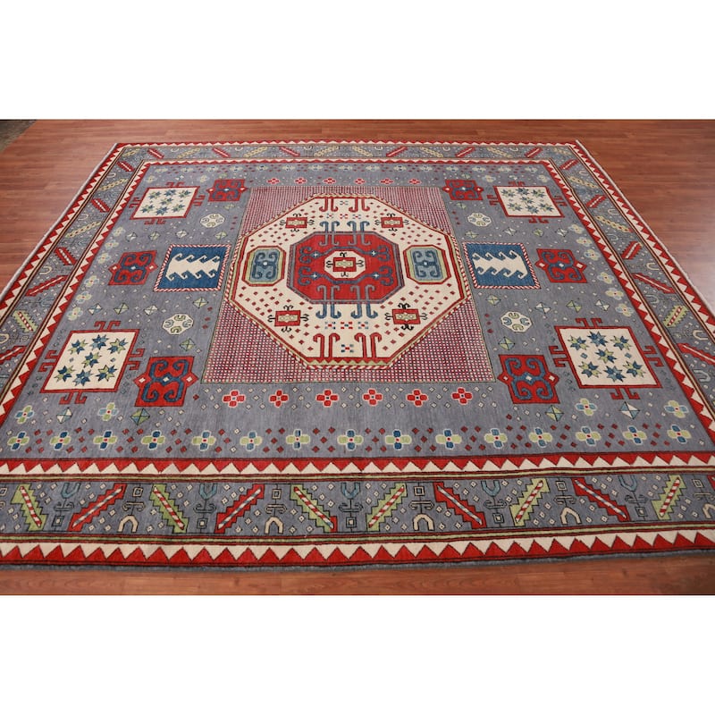 Hand Knotted Oriental 100% Wool Carpet Traditional Medallion Navy Blue & Blues Kazak Area Rug - 9' 7'' X 8' 4''