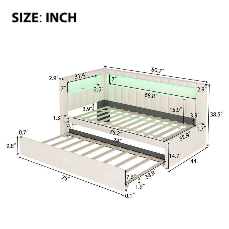 Upholstered Twin Size Platform Bed with USB Ports and LED Belt, With Trundle