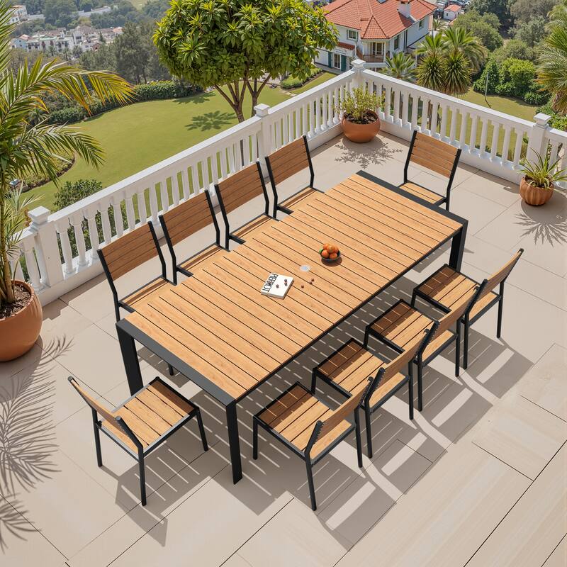11-Piece Outdoor Patio Dining Set Wood Like Table Top Aluminum Rectangular Umbrella Hole Table with Stackable Chairs - Brown