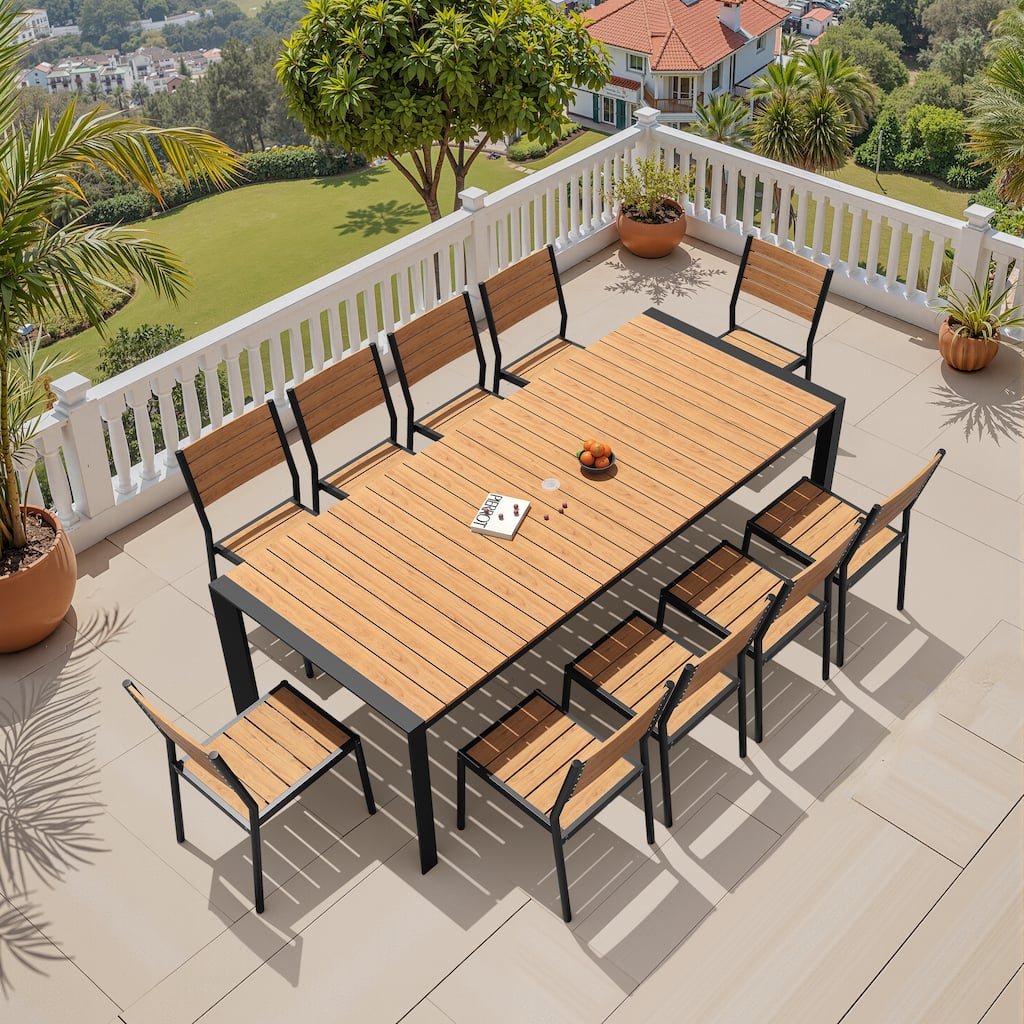 11-Piece Outdoor Patio Dining Set Wood Like Table Top Aluminum Rectangular Umbrella Hole Table with Stackable Chairs