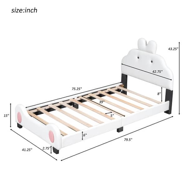 Cute Twin Platform Bed with Animal Motifs, No Box Spring Required, White+Pink
