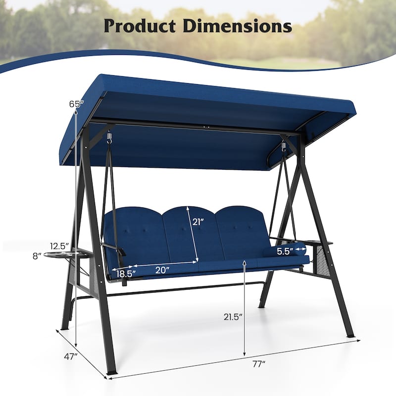 3-Person Patio Swing Chair with Adjustable Canopy and Cushions Side Trays for Outdoor Relaxation - 77" × 47" × 65"