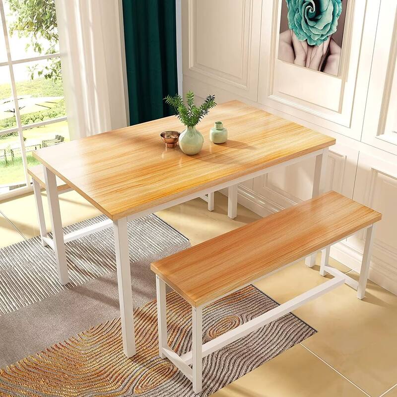 Industrial 3-Piece Dining Table Set, Retro Wood Kitchen Table Set with 2 Benches for Home Kitchen, Dining Room, Restaurant