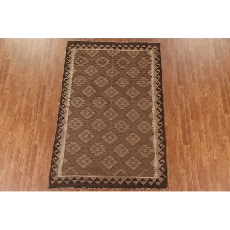 Brown Kilim Reversible Area Rug Flat-weave Living Room Wool Carpet - 5'4" x 8'2"