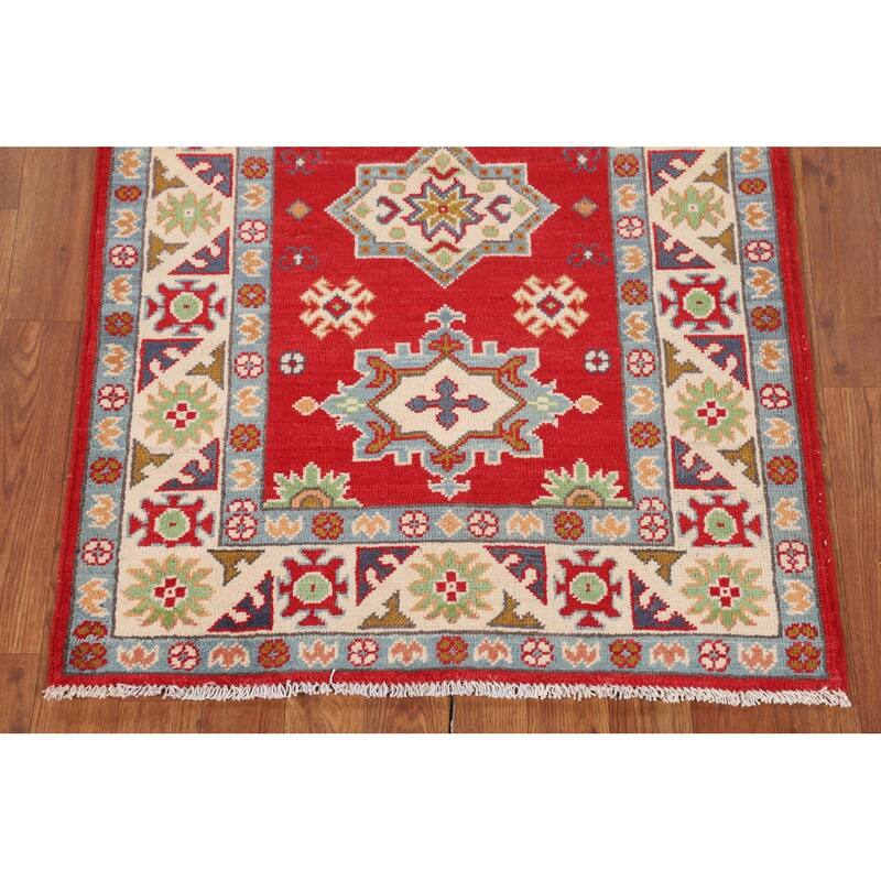 Red Kazak Accent Rug Hand-Knotted Geometric Wool Carpet - 2'8" x 3'10"