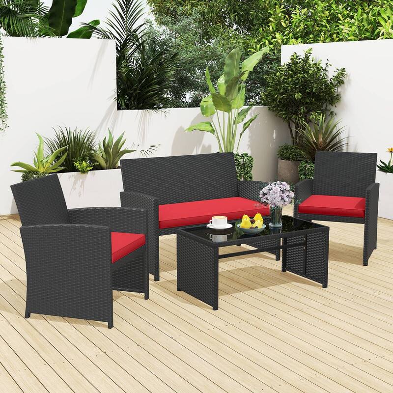 Gymax Set of 8 Patio Conversation Set w/Seat Cushions & Tempered Glass