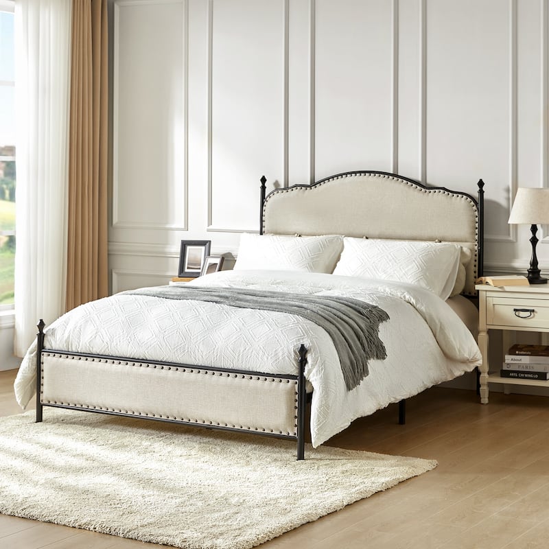 Eulalia Transitional Upholstered Platform Metal Bed Frame Four Poster Bed with High Headboard&Pillow