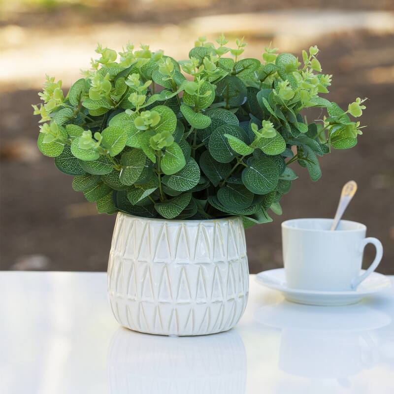 Enova Home Artificial Eucalyptus Plant Arrangement In Round Tapered Ceramic Pot with Faux Water - 10"H x 10"W x 10"D - Green