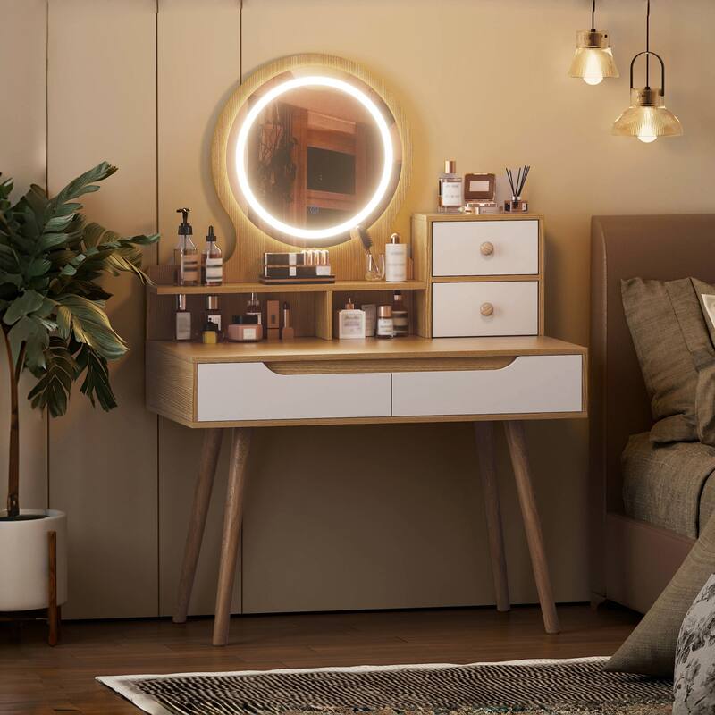 Bedroom Makeup Vanity Desk Set with Mirror and Light, Small Makeup Table Dressing Table with Solid Wood Table Legs