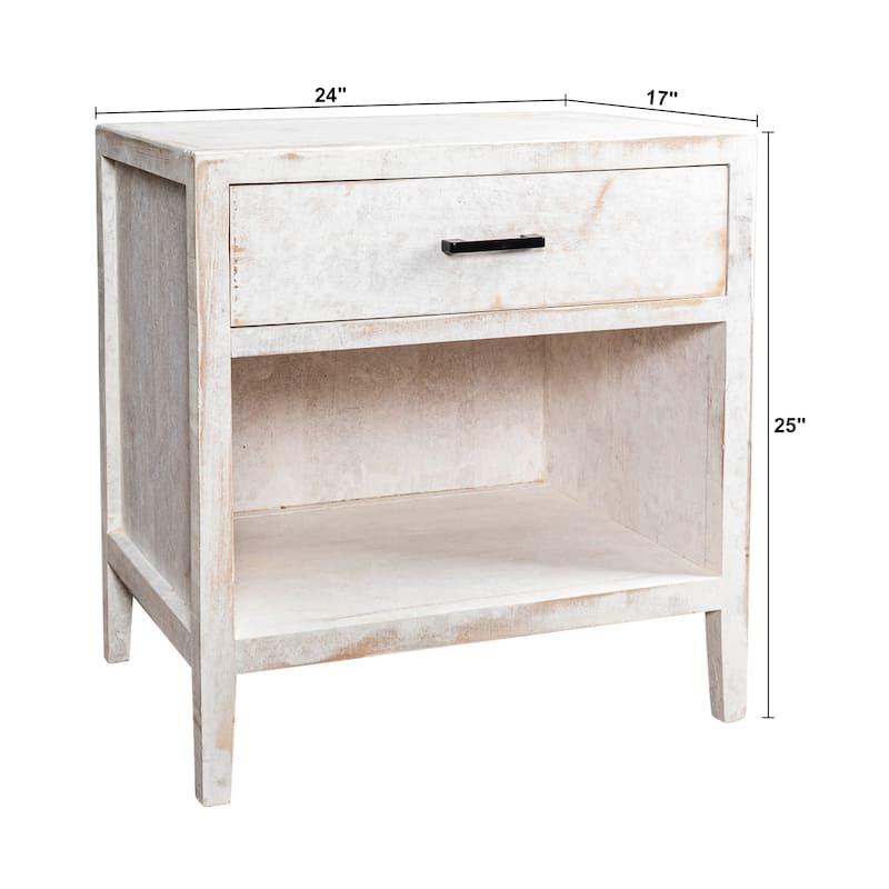 Distressed White Solid Wood 1-Drawer Nightstand Bedside Table with Shelf