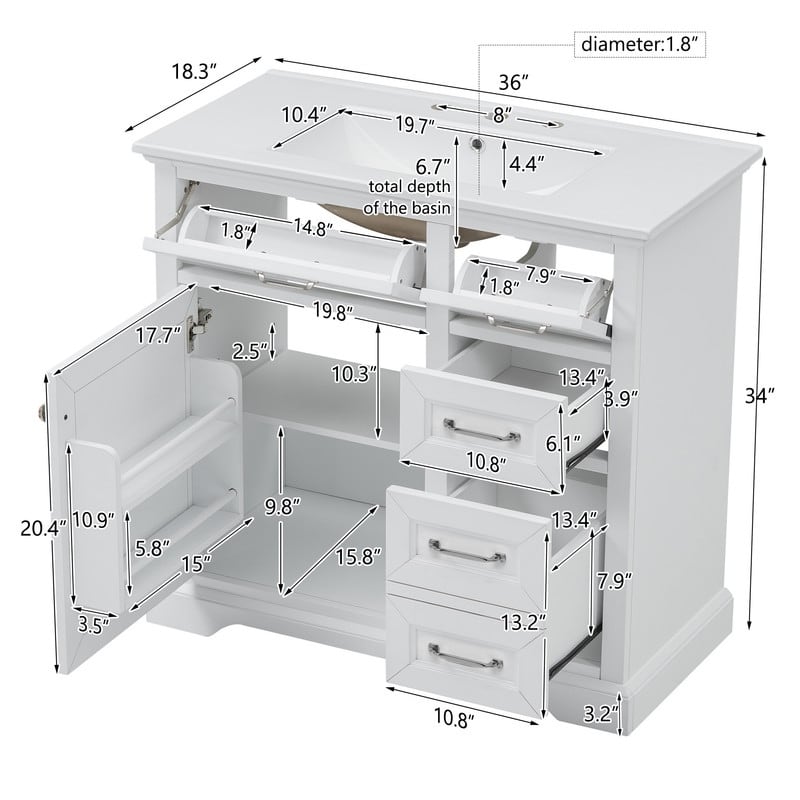 36" Ready-to-Use Bathroom Vanity – Ceramic Undermount Sink with Tip-Out Drawers & Soft-Close Mechanism‌ - 36"