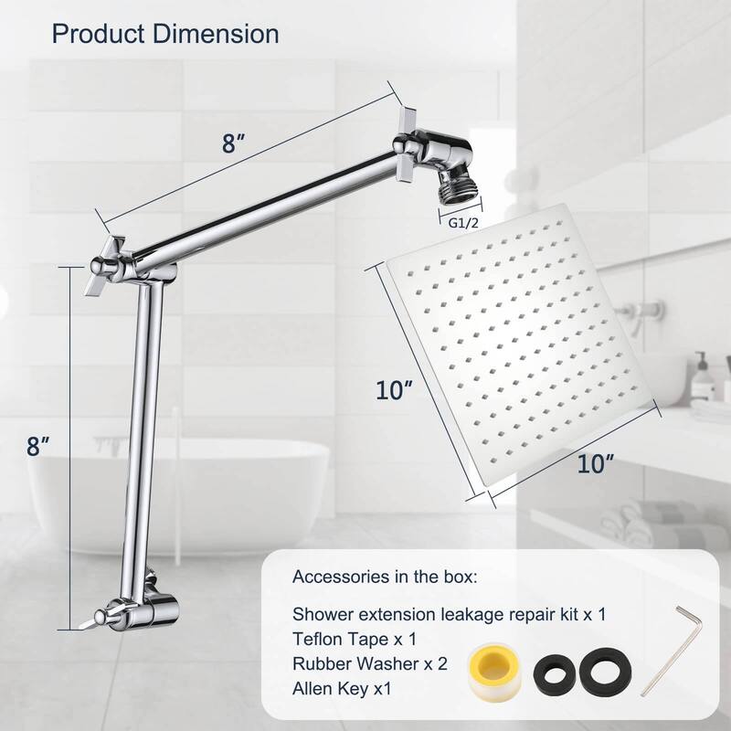 Bathlet 10 inch Rain Shower Head with Height/Angle Adjustable Extension