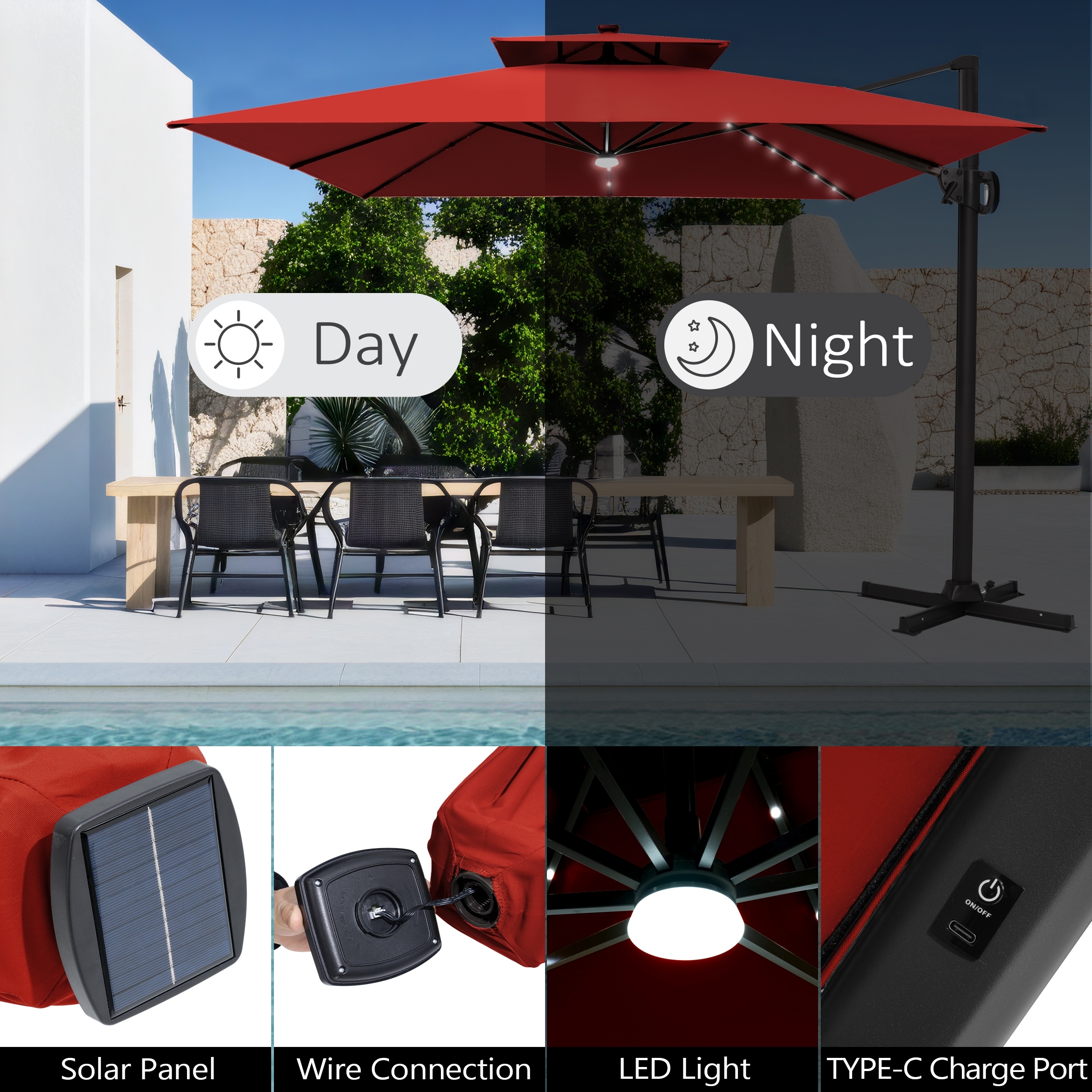 Pellebant 11X11 FT Outdoor Square Cantilever Patio Umbrella Solar