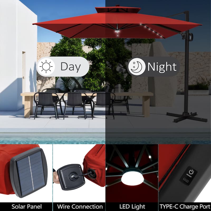 Pellebant 11X11 FT Outdoor Square Cantilever Patio Umbrella Solar LED Lighted with Wheel Base