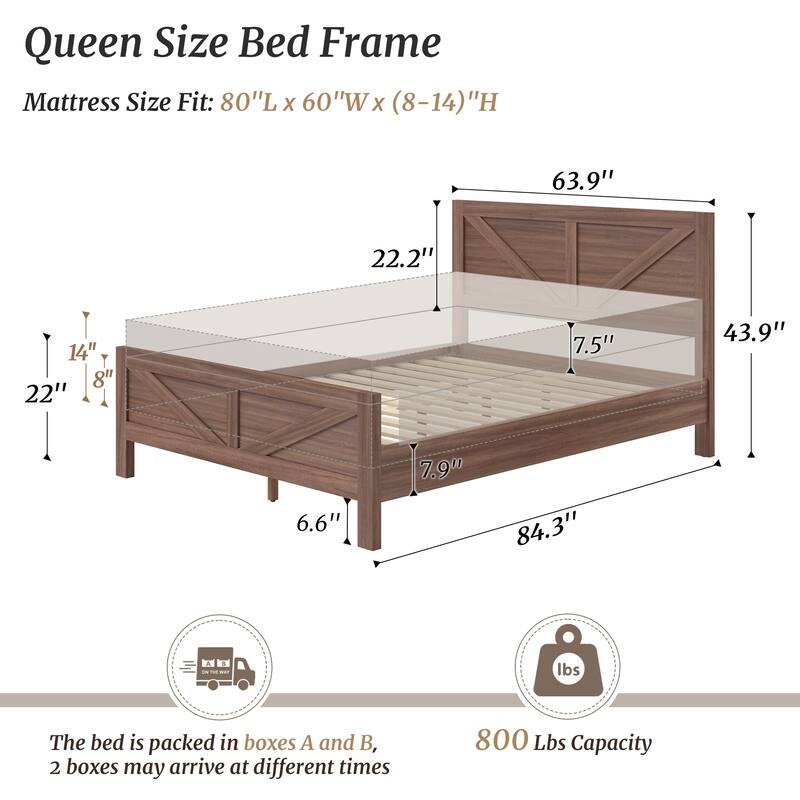 King/Queen Size Wood Platform Bed Frame With Headboard, Solid Wood Platform Bed, No Box Spring Needed, Easy Assembly