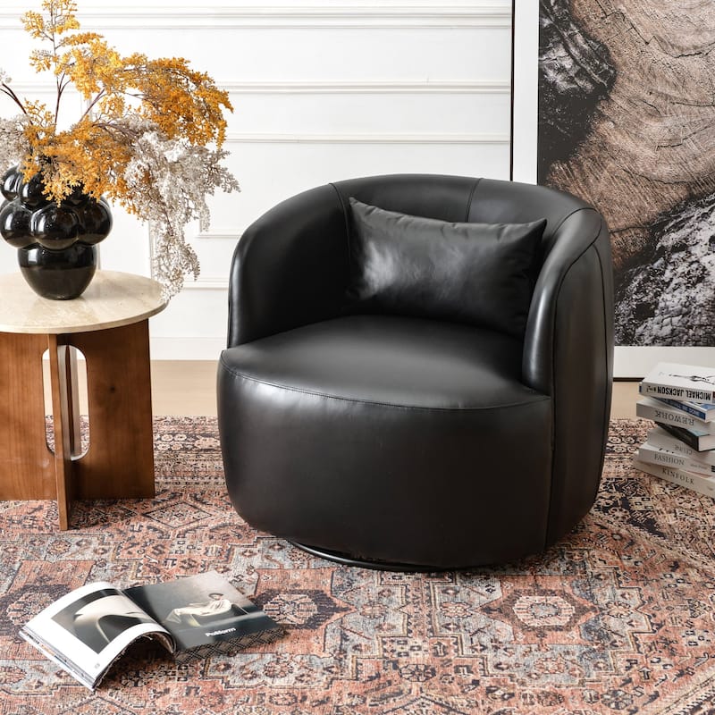 KINWELL 100% Top Grain Genuine Leather Swivel Armchair with Pillow