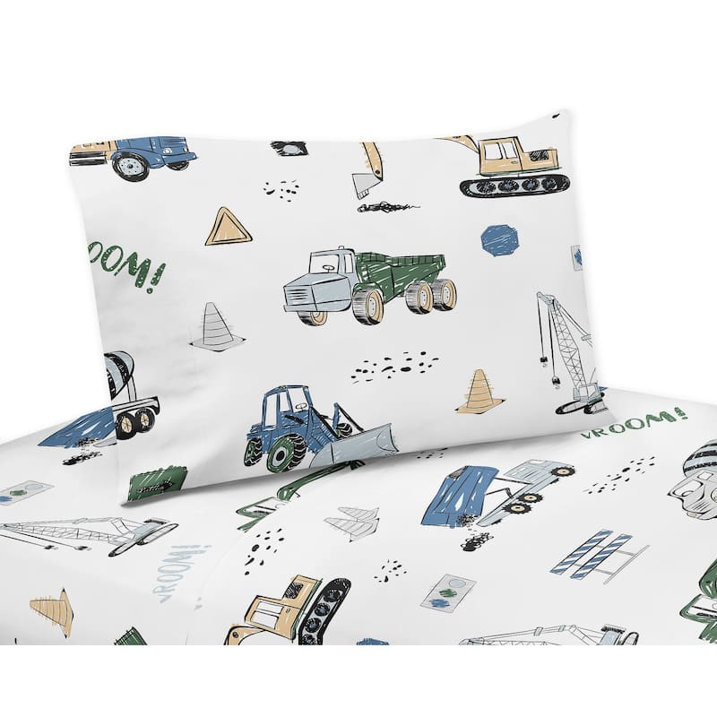 Construction Truck Collection 4-piece Queen Sheet Set - Grey Yellow Black Blue and Green Transportation