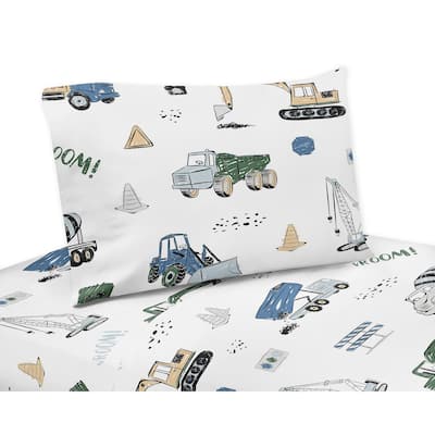 Construction Truck Collection 4-piece Queen Sheet Set - Grey Yellow Black Blue and Green Transportation