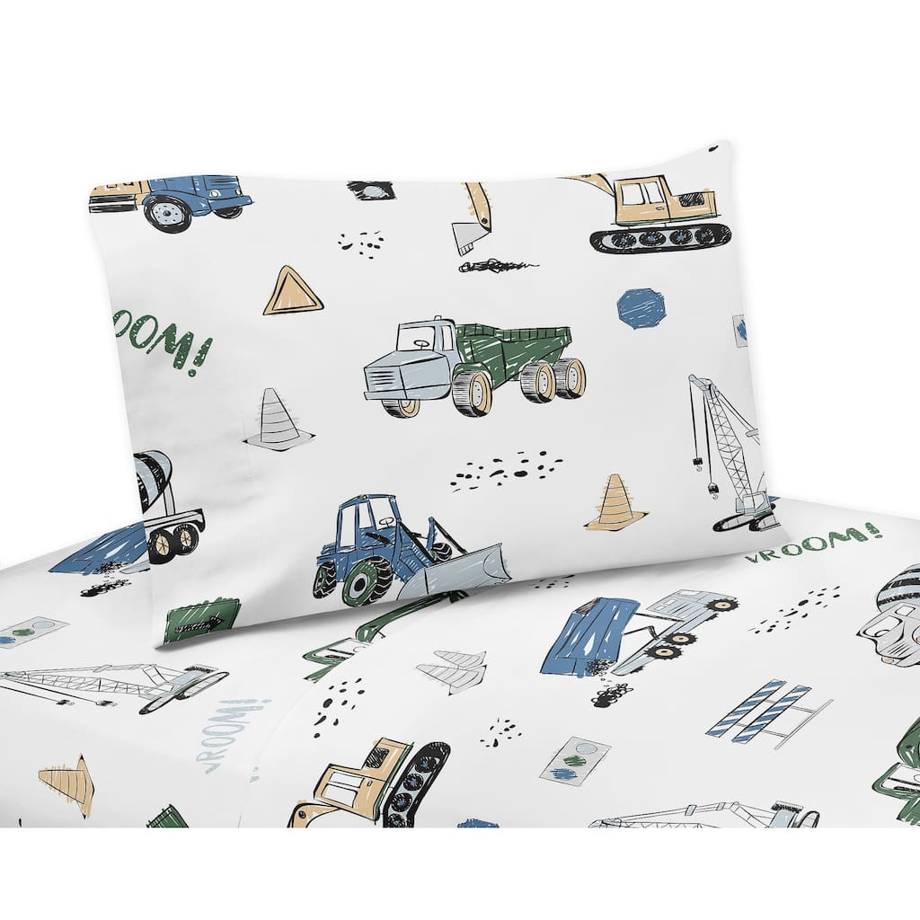 Construction Truck Collection 4-piece Queen Sheet Set - Grey Yellow Black Blue and Green Transportation