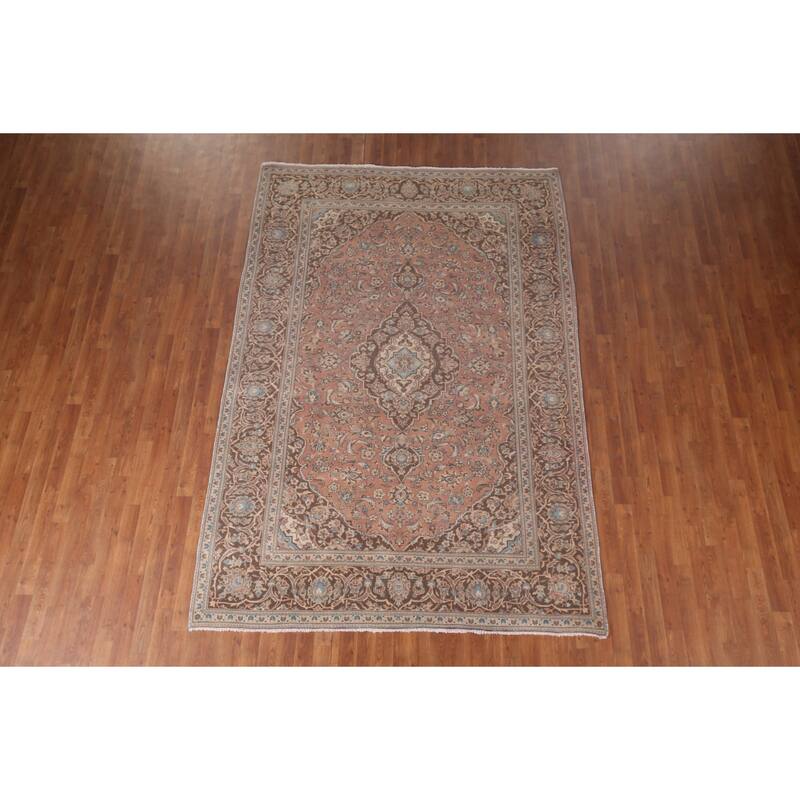 Traditional Pink Mashad Persian Vintage Rug Handmade Wool Carpet - 6'5"x 9'5"