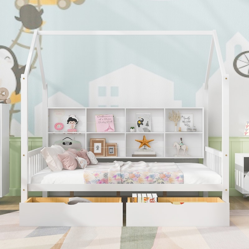 Wooden House Bed with 2 Drawers, 8 Storage Shelf, Kids Bed