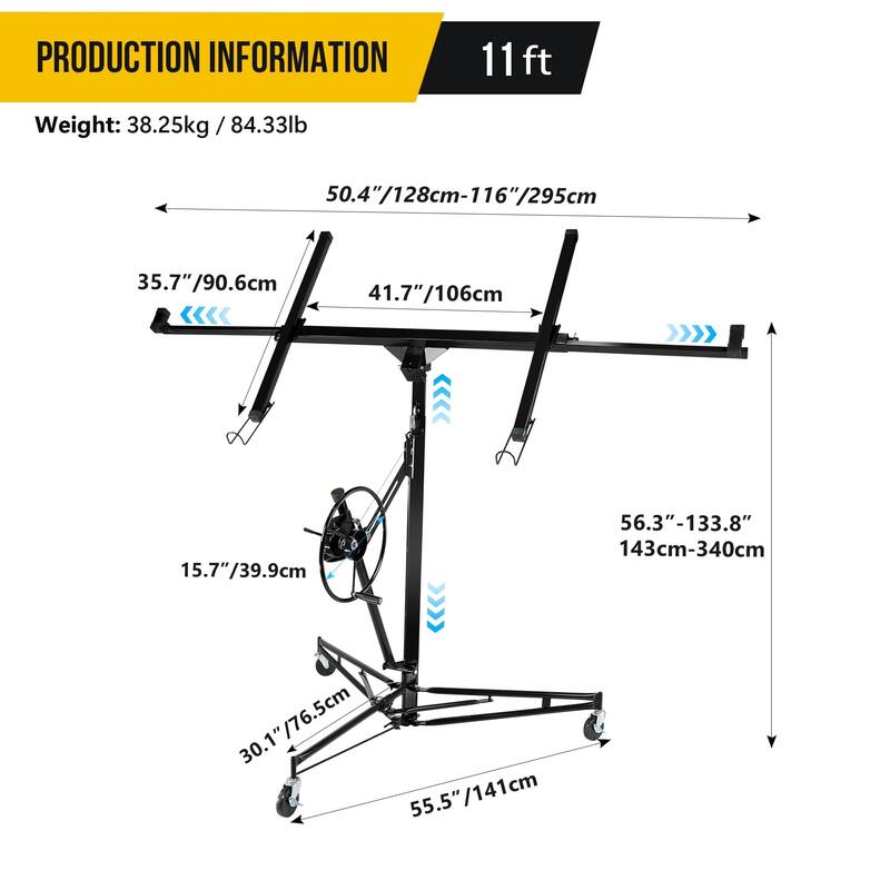 Drywall Lift 11FT, 150lb Capacity Heavy Duty Sheetrock Hoist w/Telescopic Arm & Locking Wheels, Steel Panel Lifter