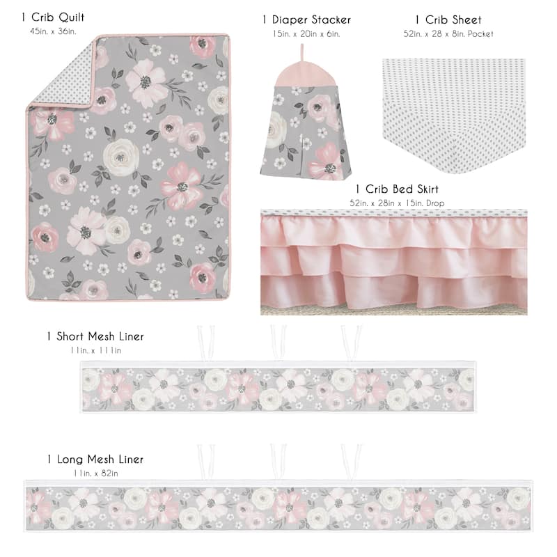 Sweet Jojo Designs Grey Boho Floral Girl 6p Crib Bedding + BreathableBaby Breathable Mesh Liner Bohemian Shabby Chic - Crib Size