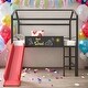 preview thumbnail 10 of 25, Twin Size Metal House Bed Loft Bed With Slide and Two-sided Writable Wooden Board,Solid Construction Black+Red