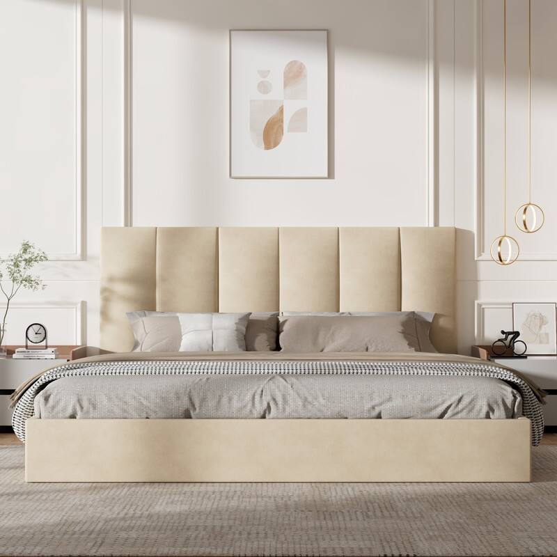 Modern Upholstered Lift-Up Storage Platform Bed with Headboard