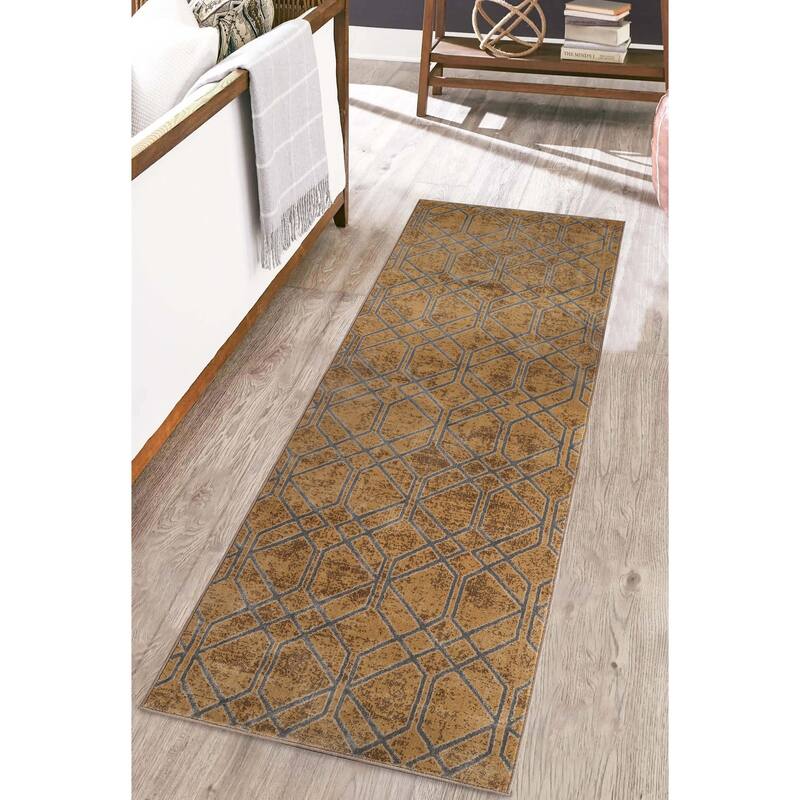 Modern Contemporary Geometric Lattice Runner or Area Rug by Superior - 2' 7" x 8' - Camel/Grey
