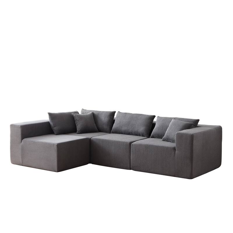 Corduroy Convertible Sectional Cloud Sofa, Foam-Filled Compressed Boneless Sofa, Modular L Shaped Floor 4 Seat Sofa