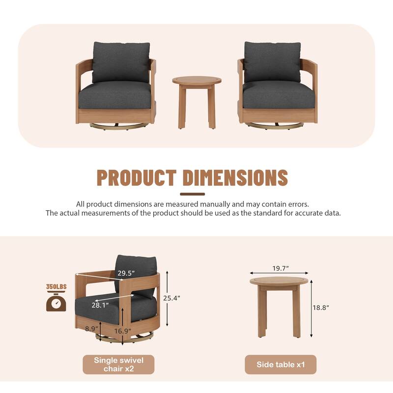 Outdoor 3-Piece Swivel Chair Conversation Set and Coffee Table in Eucalyptus Wood
