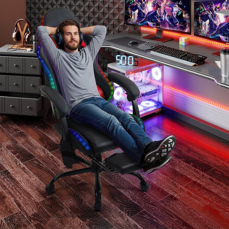 EROMMY RGB LED Gaming Chair with Thickened Massage Lumbar Pillow & Upgraded Footrest, Reclining Ergonomic Chair