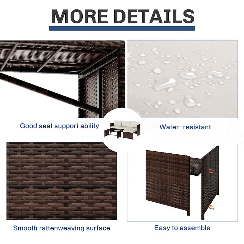 3-Piece Outdoor Wicker Sectional Sofa Set, Patio Furniture with Chaise Lounge & Coffee Table - N/A